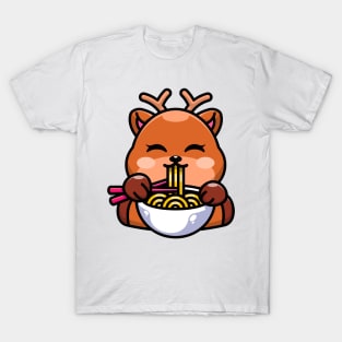 Cute deer eating ramen with chopstick cartoon T-Shirt